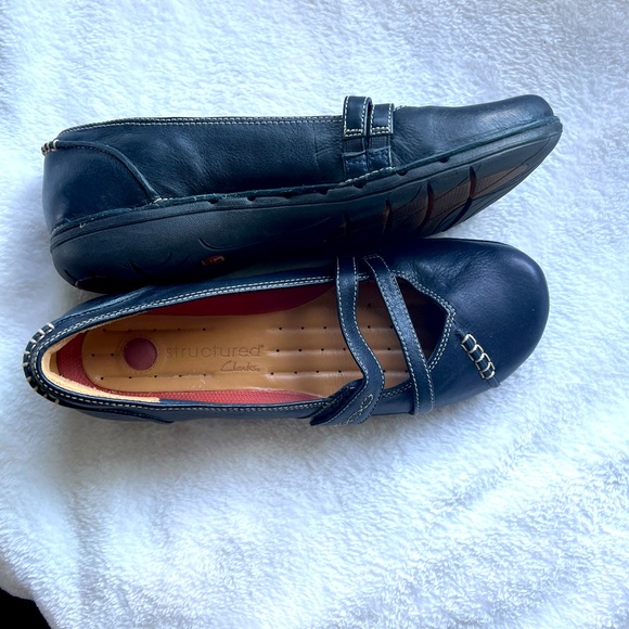 Clarks Unstructured Mary Jane Flats Womens Size 9 Navy Leather Loafers Mocs - Picture 2 of 14